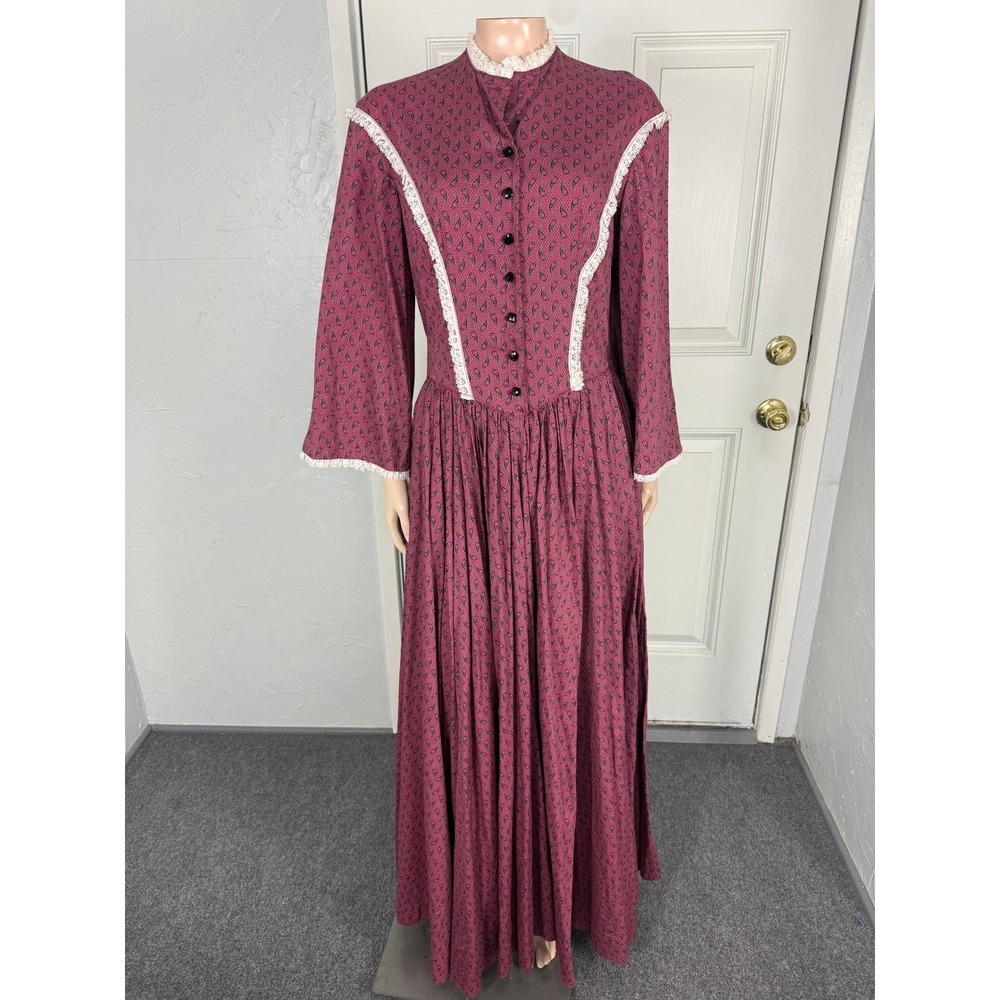 Vintage 50s Women's Dress Praire Maxi Lace Paisley Cotton Bell Sleeve Formal S5